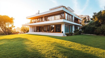 Fototapeta premium Modern Architectural Home with Clean Design and Green Lawn