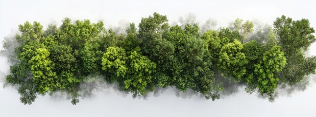 Aerial view of lush green forest canopy partially obscured by mist; vibrant foliage, natural beauty, environmental conservation.
