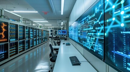 Obraz premium Advanced bioinformatics center with large touchscreens displaying complex data visualizations, set against a backdrop of server racks and modern decor