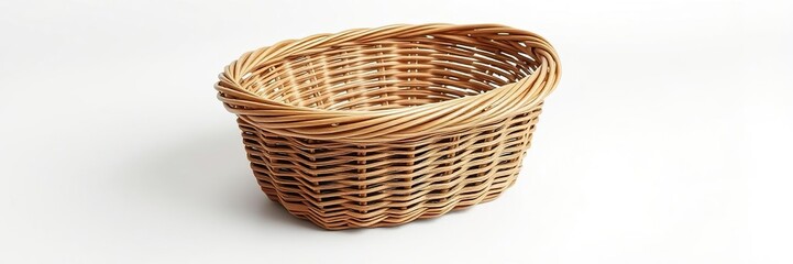 Woven wicker basket on a white background with no handle showcasing the natural texture of the material, handcrafted goods, decorative item, natural texture