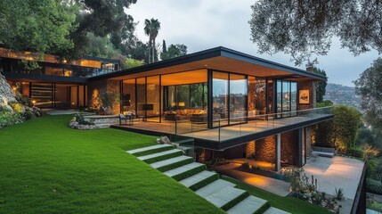 Obraz premium Modern Hillside Home with Open Terraces and Glass Walls