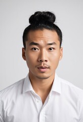 Surprised wow face asian freelance man bun hair in black on white black businessman portrait Ultra realistic Photorealistic hyperdetailed photography soft light head and shoulders portrait cover