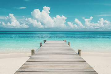 Fototapeta premium Tranquil scene with a weathered pier leading to the crystal clear ocean. Ideal for travel, vacation, and relaxation themes.