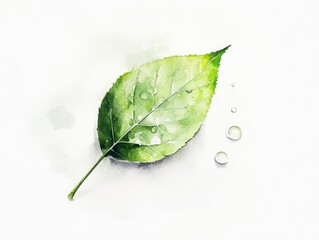 Vibrant Green Leaf with Dewdrops, depicting the freshness of morning, intricately painted with fine brushstrokes in a watercolor style