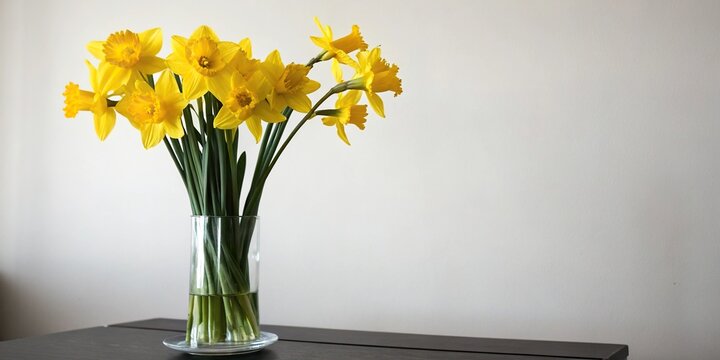 Yellow daffodils standing upright in a simple glass vase on a dark surface add warmth to any room, interior decor items, dark backgrounds, flower vases - Powered by Adobe