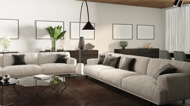3d Render of modern big livingroom with wood ceiling, white walls and cement floor. Gray sofa and black carpet. Low table and floor lamp.
