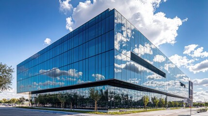 Modern Office Building with Reflected Clouds