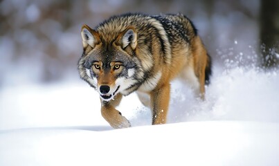 Obraz premium A wolf prowls through a snowy landscape, showcasing its natural beauty and wilderness.