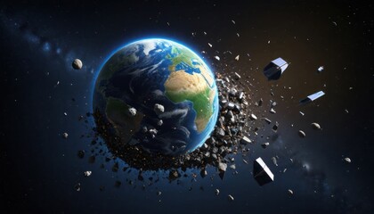 Obraz premium 3D illustration of a cluster of space debris, junk and satellites surrounding planet Earth. High quality digital space art in 5K - ultra realistic visualization.
