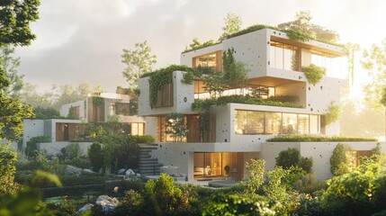 Fototapeta premium Modern Villa with Stacked Cubes and Green Roof