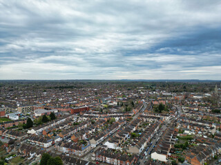 Obraz premium Aerial View of Downtown and Central Rugby City of England Great Britain. Aerial View Was Captured with Drone's Camera During Mostly Cloudy and Rainy Day on April 8th, 2024 from Medium High Altitude.