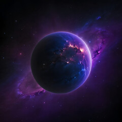 Obraz premium A view of the galaxy with vivid stars, a glowing nebula in deep purples and blues, and a large, vibrant planet in the foreground.
