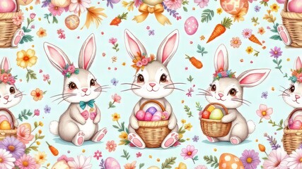 Easter bunny doodle design, perfect for textiles.  Charming, seamless pattern.  A playful, spring-themed print.  Cute, repeating bunny motif.