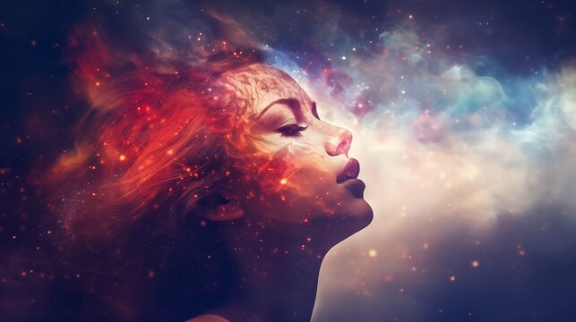 a double exposure portrait of a person with a colorful nebula and stars, space on the left side, Golden Hour Lighting,generative ai illustration
