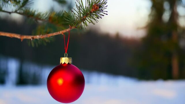  a red Christmas ornament hanging from a pine tree branch. The ornament is spherical and shiny, with a gold cap and a red string attaching it to the branch