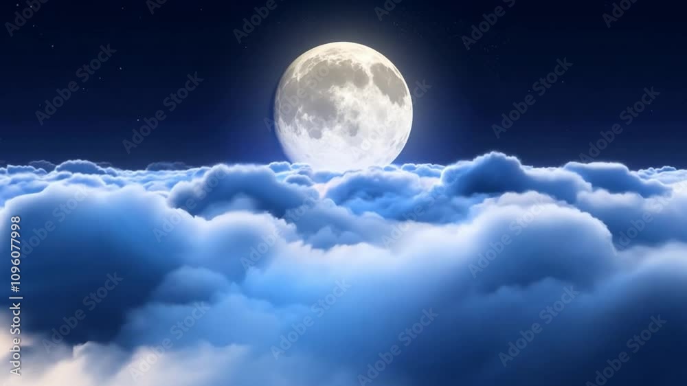 Poster The full moon casts a luminous glow over a blanket of soft clouds, creating a peaceful atmosphere under a clear night sky filled with stars.