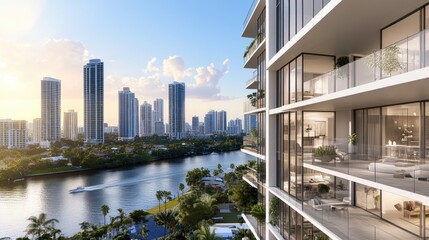 Obraz premium Modern High-Rise Apartment Overlooking Waterway