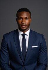 Professional portrait, confident pose, dark-skinned man, navy blue suit, white shirt, black tie, well-groomed, serious expression, studio lighting, dark background, high contrast, sharp focus, corpora