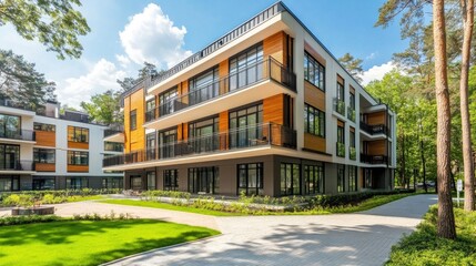 Obraz premium Modern Newly Built Residential Building in Scenic Setting