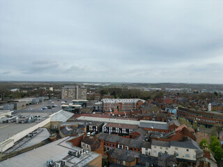 Fototapeta premium Aerial View of Downtown and Central Rugby City of England Great Britain. Aerial View Was Captured with Drone's Camera During Mostly Cloudy and Rainy Day on April 8th, 2024 from Medium High Altitude.