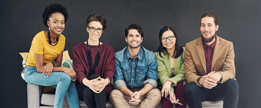 Studio, portrait and diversity of group, creative and smile for collaboration and entertainment journalists. Teamwork, people and ambitious for career, reporter and confident in newsroom and banner