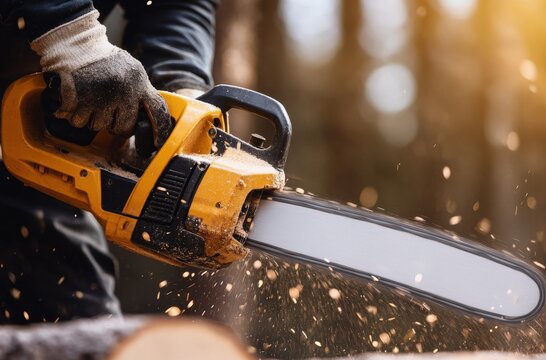 Person using a chainsaw to cut wood in a forest during the day