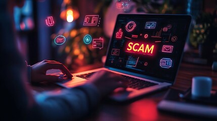 A business person using their laptop screen scam text