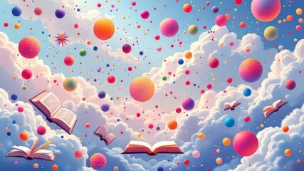Fototapeta premium Floating books, aerial view, seamless pattern.