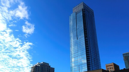 Obraz premium Modern Glass Skyscraper Against a Clear Blue Sky
