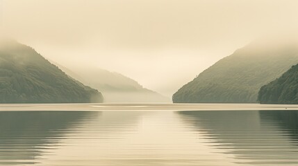 Serene misty lake surrounded by soft hills, with light ripples on the water surface, minimalistic and tranquil evokes a peaceful and ethereal atmosphere in a muted natural landscape.