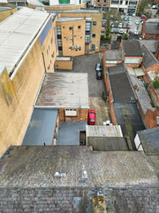 Aerial View of Downtown and Central Rugby City of England Great Britain. Aerial View Was Captured with Drone's Camera During Mostly Cloudy and Rainy Day on April 8th, 2024 from Medium High Altitude.