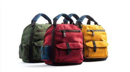 Fototapeta premium Three Stylish Canvas Backpacks in Green, Red, and Yellow, Displayed Against a White Background