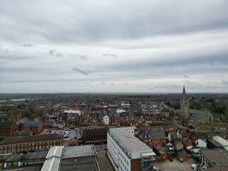 Aerial View of Downtown and Central Rugby City of England Great Britain. Aerial View Was Captured with Drone's Camera During Mostly Cloudy and Rainy Day on April 8th, 2024 from Medium High Altitude.
