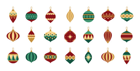 festive christmas ornaments. red green gold vintage christmas balls vector set illustration art retro christmas tree decoration decorative sticker golden luxury merry christmas xmas fun carnival theme