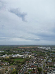 Obraz premium Aerial View of Downtown and Central Rugby City of England Great Britain. Aerial View Was Captured with Drone's Camera During Mostly Cloudy and Rainy Day on April 8th, 2024 from Medium High Altitude.
