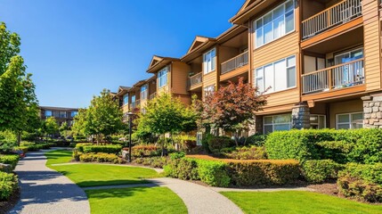 Fototapeta premium Modern Stylish Apartment Building with Lush Landscape