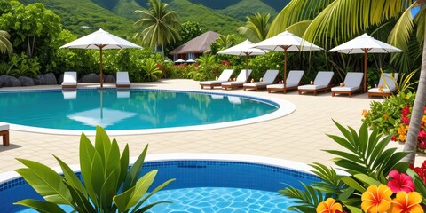 Fototapeta premium Tropical resort paradise with poolside loungers and lush greenery