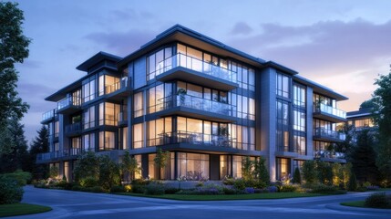 Fototapeta premium Modern Glass Apartment Building at Dusk