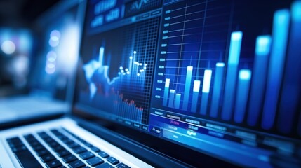 Closeup view of chart data on a laptop computer screen representing business or stock growth