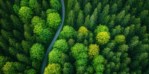 Aerial View of Lush Green Forest with Vibrant Treed Canopy and Winding Road Curving Through Nature's Scenic Landscape