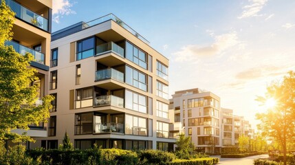 Fototapeta premium Modern Sunlit Apartment Building Facade at Sunset