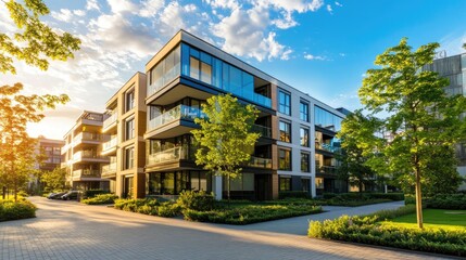 Modern Apartment Building Facade Under Sunlit Sky