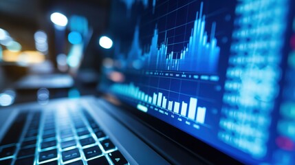 Closeup view of chart data on a laptop computer screen representing business or stock growth