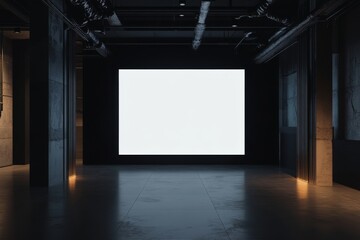 Modern exhibition space with blank screen.