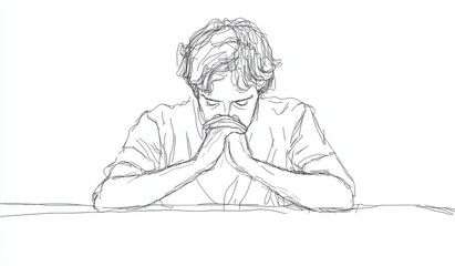 Obraz premium A man praying with his hands folded on the table.