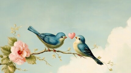 Fototapeta premium Vintage illustration of lovebirds with heart on a branch