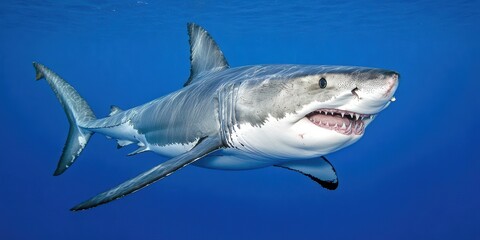 Fototapeta premium Majestic Great White Shark Swimming Gracefully in Clear Blue Waters Capturing the Essence of Ocean Life and the Fascinating Marine Ecosystem Below the Surface
