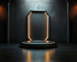 Cyberpunk stand with yellow neon light. Military podium against dark wall, central composition. Template for demonstrating electronic devices, men's products