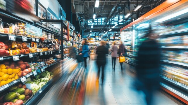 A blurred photograph of people walking in the supermarket.