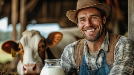 Morning light fills the farm as a joyful farmer pours milk while sitting beside a calm cow showcasing rural life at its best